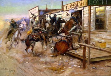 インディアナ カウボーイ Painting - ノックせずに中に入る 1909年 チャールズ・マリオン・ラッセル インディアナ州のカウボーイ